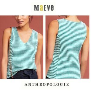 Maeve by Anthropologie Green and White Striped V-Neck Sleeveless Top